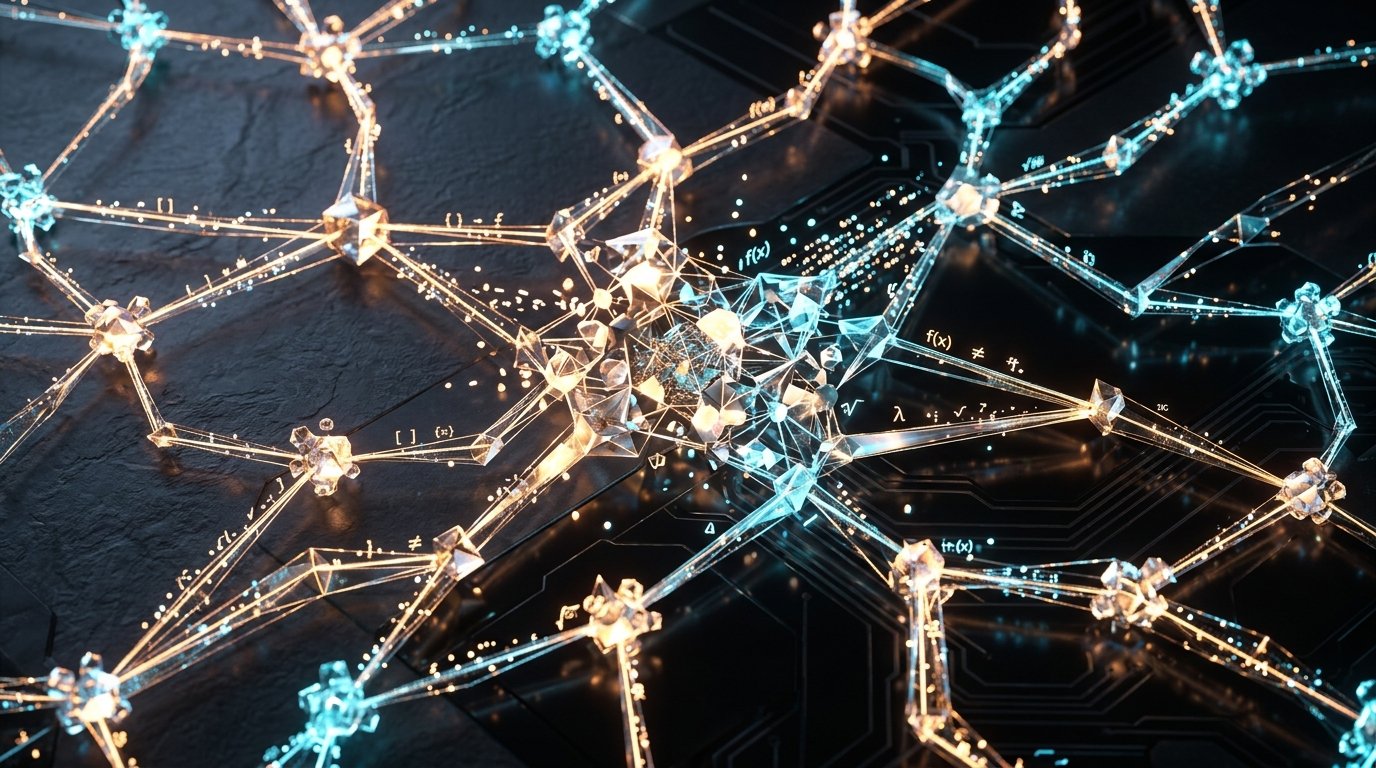 Scientific 3D crystal neural network diagram representing active cognitive problem solving