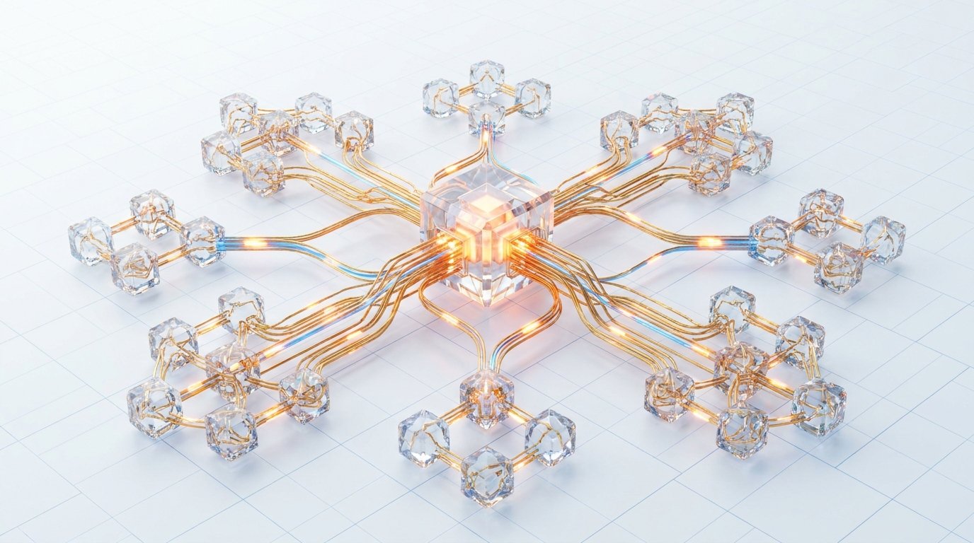 A 3D schematic diagram featuring a central crystal node connected by glowing golden pathways to satellite data clusters, representing a cognitive self-experimentation tracking network.