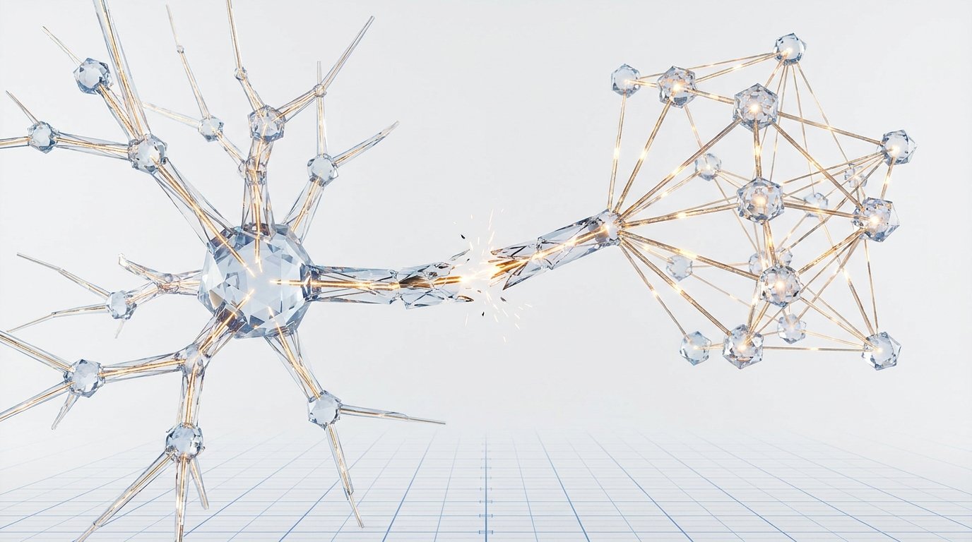 A 3D schematic diagram visualizing a neural data pathway transitioning from a fractured crystal node disruption into a structured, organized network of pulsating nodes and radiating pathways.